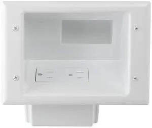 DATA COMM 45-0071-WH Recessed Low Voltage Cable Plate with Built-In Duplex Receptacle Outlet, Easy To Install - Ideal for Home Theater, TV & Power Cable Management, Mid-Size, White