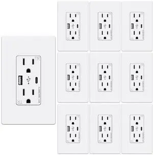 WEBANG USB C Outlet, 25W 4.8 Amp 2-Ports USB Receptacle, 15A Tamper Resistant Wall Outlet with USB C Ports, Screwless Wall Plate Included, ETL Listed, Matte White, 10 Pack