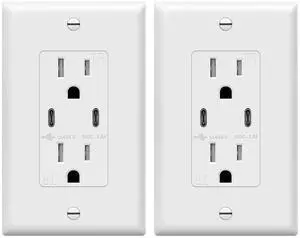 TOPGREENER 2-Port USB C 3.6A 18W Wall Outlet, 15 Amp Tamper-Resistant Receptacle, Charging Power Outlet with USB Ports, UL Listed, TU21536A2C-2PCS, White, 2 Pack
