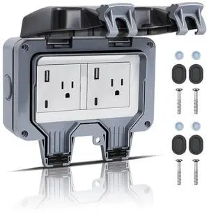Outdoor Power Outlet IP66 Waterproof Power Socket, 15A 110-250V Outdoor Plug Socket with Type C & USB Ports, Lockable Electrical Outlet with Clear Cover for Garden Outdoor Indoor Wall