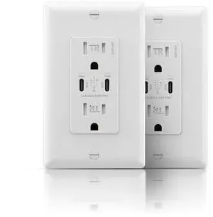 65W USB C Outlet, Power Delivery 15 Amp Wall Receptacle with Dual Type C Ports, USB Charging Power Socket for Laptop, MacBook, iPhone, iPad, ETL & FCC Listed, White, 2 Pack