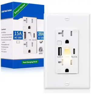 USB Outlet with Night Light (Manual), 20A 125V Electrical USB C Outlet, 5V 4.8A Tamper-Resistant USB Wall Outlets with Type A & Type C Ports, Wallplate Included, ETL Listed, White (1 Pack)