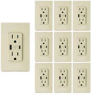 Micmi Ivory USB Outlet with C + A Wall Dual High Speed Receptacle Smart 4.8A Fast Charging Capability, 15 Amp 125Volt, Tamper Resistant Wall Plate Included UL Listed (10Pack, Ivory, 15 Amp Outlet)
