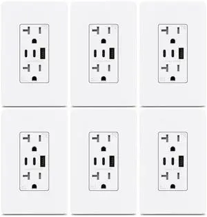 ThunderWay 3-Port USB C Wall Outlet- 20 Amp Tamper-Resistant Outlet with USB C Ports, 30W 6.0A USB Electrical Outlet, ETL Listed, Screwless Wall Plate Included, 6 Pack