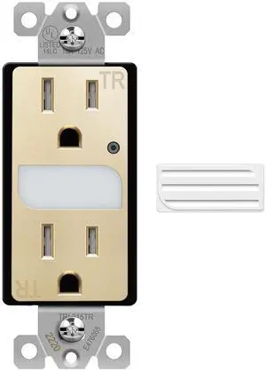 TOPGREENER LED Guide Light Receptacle with Automatic Daylight Sensor, Night Light Decorator Wall Outlet, 125VAC/15A Tamper-Resistant Receptacle, TGL215TR-GD, Gold