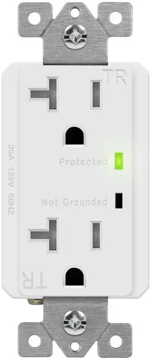 TOPGREENER Decorator Receptacle Outlet w/Surge Protector and Grounding Indicator, Child Safe, Tamper-Resistant, Self-Grounding, 1500 Joules, 2-Pole, 20A 125V, UL Listed, TGTRSS220R, White