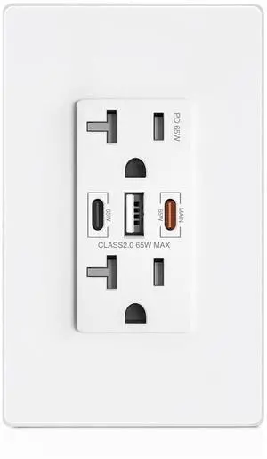 USB Wall Outlet, 65W GaN USB Outlet Receptacles with 3 USB Ports,20 Amp Tamper-Resistant Electrical Outlet with 1 Type A&2 Type C,Screwless Wall Plate Included,UL Listed