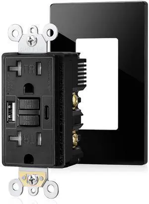 SURAIELEC 20 Amp GFCI Outlet with USB Ports, Self-Test GFCI Combination with USB-C & USB-A, Tamper-Resistant GFCI Electrical Outlet, GFCI USB Outlet with Screwless Wall Plate, ETL Listed,Black,1-Pack