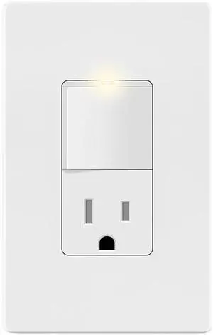 LIDER Matte Finish Lighted Combination Decorator Switch and Tamper-Resistant Receptacle with Screwless Wall Plate, Single Pole, Residential Grade, 15A 120V/125V, UL Listed, LCS1-1PTR-WSWP, White