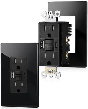 SURAIELEC 15 Amp GFCI Outlet with USB Ports, Self-Test GFCI Combination with USB-C & USB-A, Tamper-Resistant GFCI Electrical Outlet, GFCI USB Outlet with Screwless Wall Plate, ETL Listed, Black,2-Pack