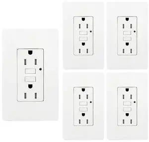 LEOD 15Amp TR&WR GFCI Outlet, 125 Volt Tamper Resistant & Weather Resistant Receptacle with Blue LED Indicator, 10 Pcs Wall Plate and Screws Included, White, ETL Listed (5 Pack)
