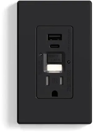 ELEGRP GFCI Outlet with USB Ports and Nightlight, 15 Amp Self-Test GFCI Combination with USB Ports, Tamper Resistant GFCI USB Outlet w/Nightlight, Wall Plate Included, UL Listed, Matte Black, 1 Pack