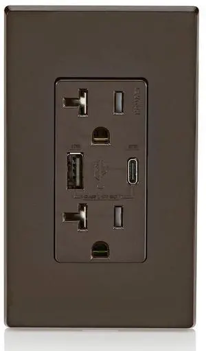 Leviton 60W (20V@2.5A+ 5V@2A) USB Dual Type A/Type-C Power Delivery in-Wall Charger with 20A Tamper-Resistant Outlet, USB Charger for Smartphones, Tablets, Laptops, T5834-B, Brown