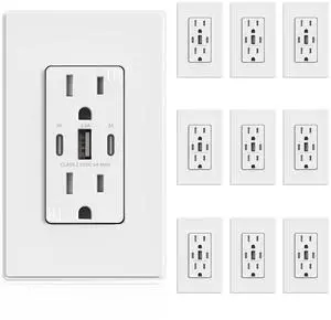 ELEGRP USB Outlets, 30W 6.0 Amp USB C Outlets Receptacles, 3-Port USB Wall Outlet, 15 Amp Tamper-Resistant Outlet with 2 USB C Ports, UL Listed, Screwless Wall Plate Included, 10 Pack, Matte White