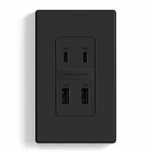ELEGRP 42W Fast Charge & Power Delivery 4-Port USB Wall Outlet, UL/CUL Listed, Wall Plate Included, Matte Black