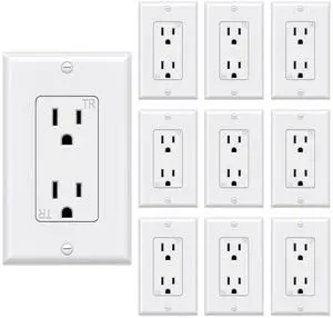 WEBANG Decorator Electrical Wall Outlet White, Tamper-Resistant Duplex Receptacle, Residential Grade, 3-Wire, Self-Grounding, 2-Pole, 15A 125V, ETL Listed, 10 Wall Plates Included