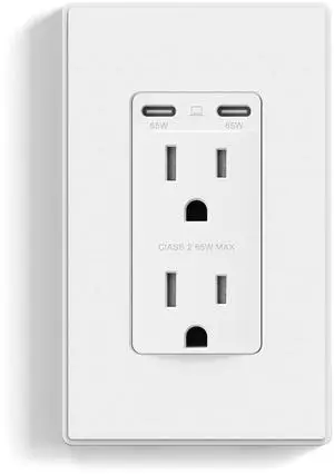 ELEGRP 65W Ultra-Speed USB C Outlet Receptacle for Laptop, 15 Amp Wall Outlet with USB C Ports, Tamper Resistant USB Outlet, Wall Plate Included, UL Listed, 1 Pack, Matte White