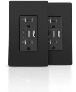 3-Ports USB Wall Outlet, 30W 6.0A Electrical Outlet, Tamper-Resistant with USB C Ports, 20 Amp Duplex Tamper Resistant, Screwless Plate Include, UL & FCC Listed, Black, 2 Pack