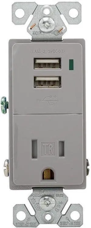Eaton TR7740GY-BOX Combination Usb Charger with Tamper Resistant 15A 125V Receptacle, Gray,