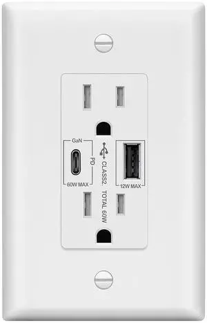 LIDER USB-C Constant PD 65W Wall Outlet, Duplex Tamper-Resistant Receptacle with USB Type-C & Type-A, Power Delivery, GaN Technology, Interchangeable Face Cover, Wall Plate Included, White