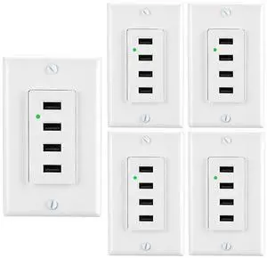 LEOD High Speed 4 USB Port Charging Wall Outlets and LED Bule Light with 2 Types Wall Plates(satndard & screwless), USB Charger Outlet, Auto-Identify Charging Current, White, UL Listed (5 Pack)