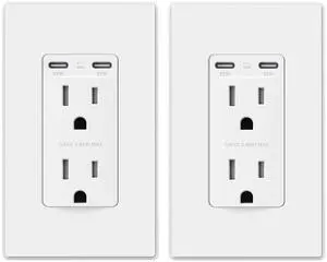 ELEGRP 65W Ultra-Speed USB C Outlet Receptacle for Laptop, 15 Amp Wall Outlet with USB C Ports, Tamper Resistant USB Outlet, Wall Plate Included, UL Listed, 2 Pack, Matte White