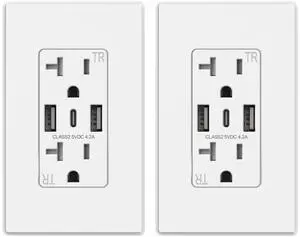 ELEGRP USB Wall Outlets, 3-Ports USB C Wall Outlets Receptacles, Matte White 20 Amp Outlets with USB Ports, TR Tamper-Resistant USB Outlets, Screwless Wall Plate Included, UL & CUL Listed, 2 Pack