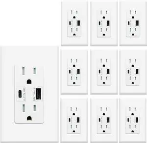 USB C Wall Outlet Receptacle, 4.8A USB Type C + A, High Speed Charging for Smart Devices,1 USB C, 1 USB, 15 Amp Duplex Receptacle Tamper-Resistant w/Wall Plate (10 Pack, White)