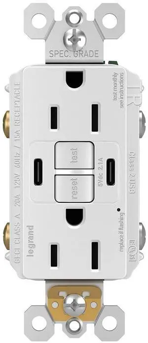 Legrand Radiant 1597TRUSBCCW 15 Amp GFCI Self Test Tamper Resistant Decorator Duplex Outlet with USB Type C, White (1 Count)