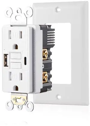 15 Amp Self-Test GFCI Outlet Combination with USB Type A and Type-C, Tamper Resistant Thinner Duplex Outlet, in-Wall, USB Charger for Smartphones, Tablets and Smart Home Appliance, White