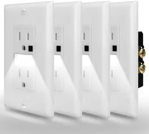 ThunderWay Tamper Resistant(TR) Receptacle Outlet with Night Light-Easy to Install, Decorator Wall Outlets-15A 125V, 3 Wire, Self Grounding, 2 Pole-with Wall Plate(4Pack, White)