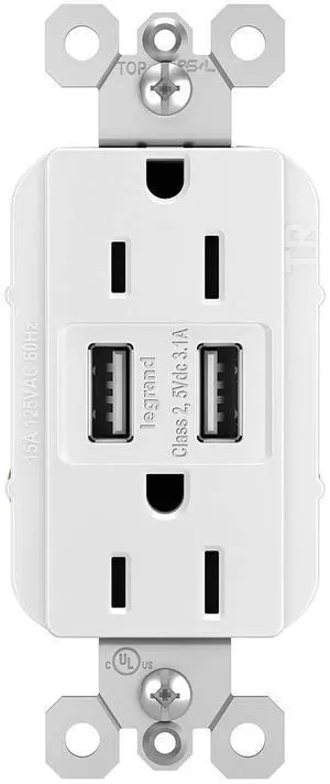 Legrand Radiant TM826USBWCCV6 15 Amp Decorator Duplex Tamper Resistant Outlet Receptacle with 3.1A Type A USB Charger, White (1 Count)
