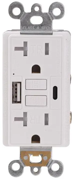 Combination 20A Self-Test GFCI Outlet and Type A & Type-C USB in-Wall Charger Outlet with 5V/4.8A, High Speed Charging for Smartphones and Tablets, ETL Listed, Wallplate Included, 1 Pack, White