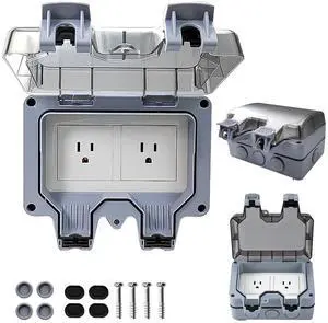 2-Gang Outdoor Electrical Outlet, 15A 110-250V Weatherproof Outdoor Socket, IP66 Waterproof Outdoor Power Outlet, Outdoor Outlet Box for Garden Workshop (1)