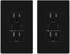 TOPGREENER 5.0A USB Outlet with 15Amp Duplex Tamper-Resistant Receptacles, 2 USB Type-C, USB Outlets Receptacles, TU2155C2-BKSID2P, Black, Screwless Wall Plate Included, 2 Pack