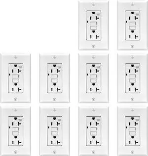 20Amp GFCI Outlet 125 Volt Tamper-Resistant, Weather-Resistant Receptacle, LED Indicator Lights, 1 Wall Plate and Screws Included, White, Pack of 10, UL Listed