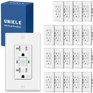 (20 Pack) UNIELE Self-Test 20 Amp WR GFCI Receptacle Outlet, Outdoor Weather-Resistant GFI, Ground Fault Circuit Interrupter, Wallplate Included, White