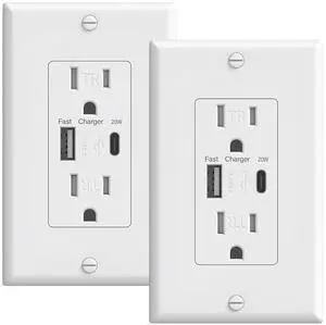 2-Pack USB Outlet, USB Outlets Receptacles with Type A & Type C Ports (PD20W), 15Amp Tamper Resistant Receptacles, ETL Listed, White