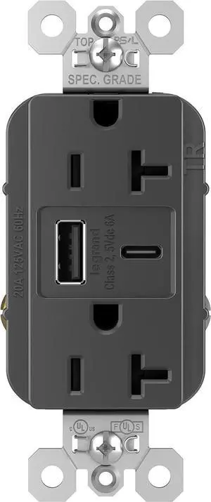 Legrand Pass & Seymour TR20USBAC6BK 20 Amp Tamper-Resistant Heavy-Duty Specification Grade Decorator Duplex Receptacle Outlet with Ultra Fast USB A/C 6.0A Charging Ports, Black (1 Count)