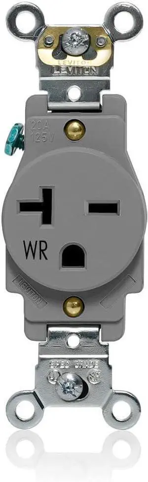 Leviton Single Receptacle Outlet, Weather-Resistant, 20 Amp, 250 Volt, Heavy-Duty Industrial Specification Grade, Back or Side Wire, Self-Grounding, W5461-GY, Gray