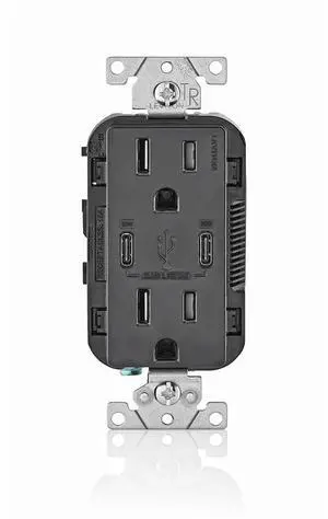 Leviton 30W (6A) USB Dual Type-C/C Power Delivery In-Wall Charger with 15A Tamper-Resistant Outlet, USB Charger for Smartphones, Tablets, Laptops, T5635-E, Black