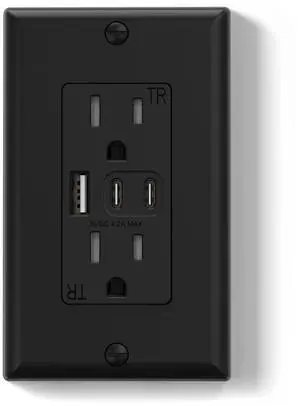 ELEGRP USB Outlets, 15 Amp Wall Outlet with 3 USB Ports, Dual USB C Ports Outlets, TR Tamper-Resistant USB Outlets Receptacles, Wall Plate Included, UL/CUL Listed, 1 Pack, Black