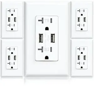21W 4.2A USB Charger Wall Outlet, with 2 Type A Ports, 20A Tamper Resistant Duplex Receptacle, White (5 Pack)