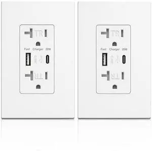 USB Wall Outlet with 20W Fast Charging, Type-C & Type-A Dual Ports USB Outlets, Tamper-Resistant USB Receptacle, Screwless Wall Plate, 20A ETL White (2-Pack)