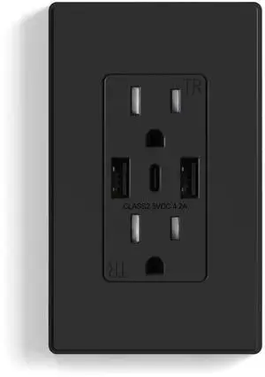 ELEGRP 3-Port USB C Wall Outlet Receptacle, Matte Black 15 Amp With USB Ports, TR Tamper-Resistant, Screwless Wall Plate Included, UL & CUL Listed, 1 Pack ELEGRP 3-Port USB C Wall Outlet Receptacle, Matte Black 15 Amp With USB Ports, TR Tamper-Resistant, Screwless Wall Plate Included, UL & CUL Listed, 1 Pack