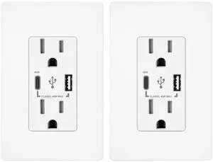 Micmi USB C Outlet PD 45W Power Delivery Decorator Receptacle 4.8A Receptacle, in-Wall Charger with 15 Amp, 125 Volt Tamper-Resistant Outlet Charger (2, White, USB C+A PD 45W)
