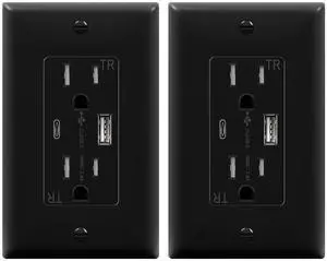 TOPGREENER 2-Port USB Outlet, Type C USB Wall Outlet, 15 Amp Tamper Resistant Receptacle Plug, USB Outlets Receptacles, Wall Plate Included, UL Listed, TU21536AC-BK-2PCS, Black, 2 Pack