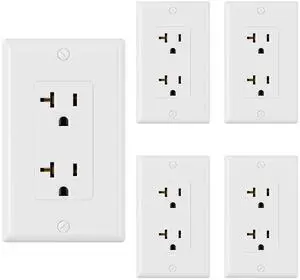 ELEGRP Glossy White Decorator Electrical Wall Outlet Receptacle, 20A 125V Standard Outlets, 2 Pole 3 Wire, Non-Tamper Resistant, NEMA 5-20R, Self-Grounding, Wall Plate Included, UL Listed, 5 Pack
