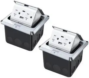 Floor Pop Up Outlet, Pop Up Waterproof Floor Electrical Box with 4.8A USB Chargers and 2 Outlet Receptacle Stainless Steel Cover (Type-C Silver 2pack)