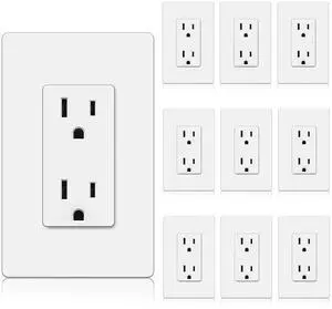 BESTTEN Decorator Receptacle Outlet, 15 Amp Standard Electrical Wall Outlet with Screwless Wallplate, Non-Tamper Resistant, 15A/125V/1875W, UL Listed, 10 Pack, White